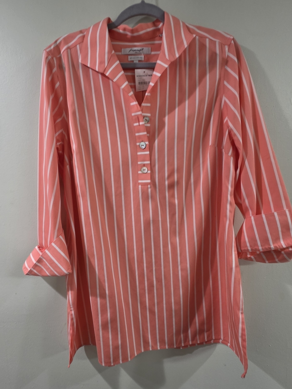 Foxcroft Coral Pink Striped Popover Tunic With Shell Button Accents 14 - Picture 3 of 13